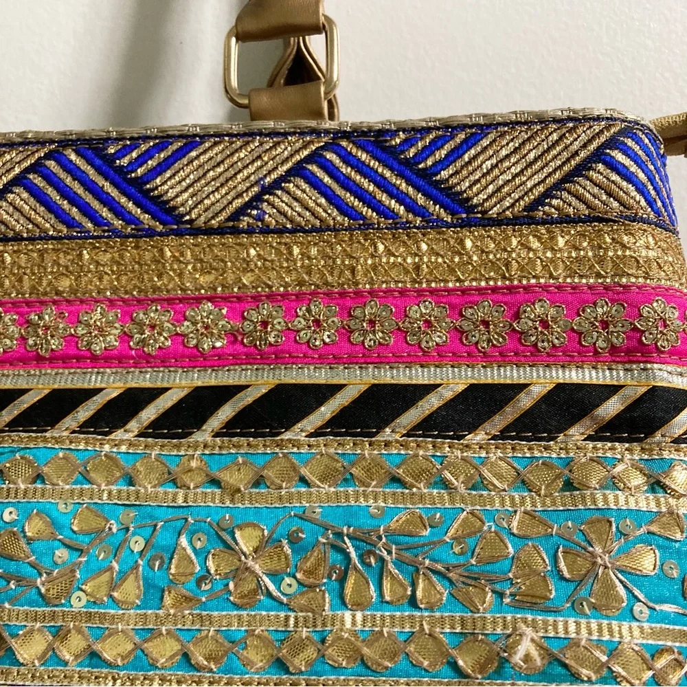 Asian Indian Bright Shiny Embellished Faux Leather Gold Handbag 15 x 9 x 4.5 in